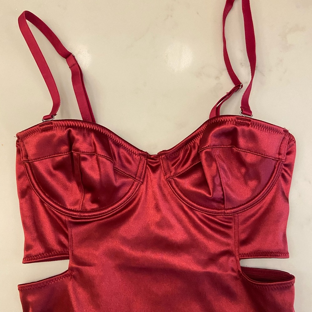 Red Out From Under Cut Out Satin Bustier Bodysuit